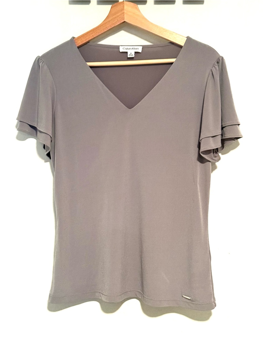 Calvin Klein Gray Flutter Sleeve V-Neck Top Size M